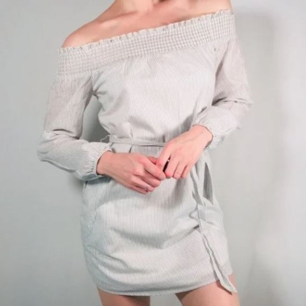 Express off the shoulder pinstripe dress